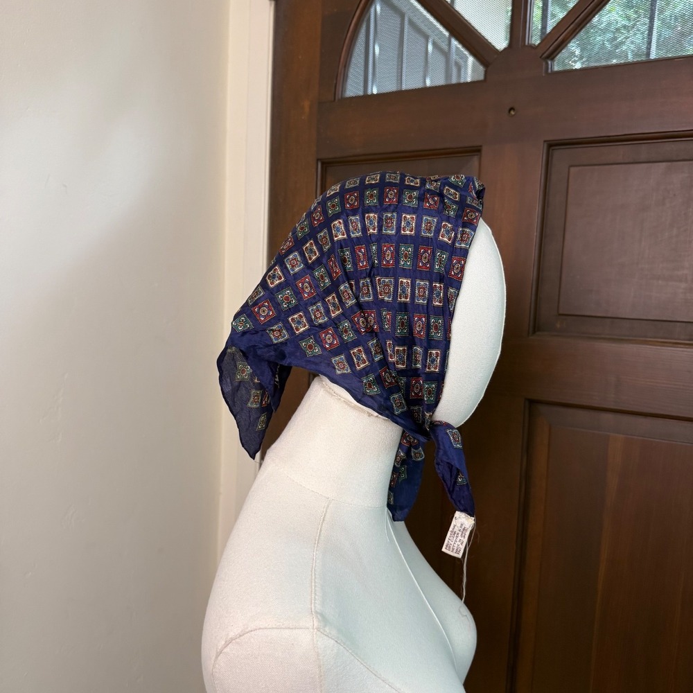 Anne Klein Silk Scarf Arabesque Repeat Vintage Japan | Navy | 20.5" Square